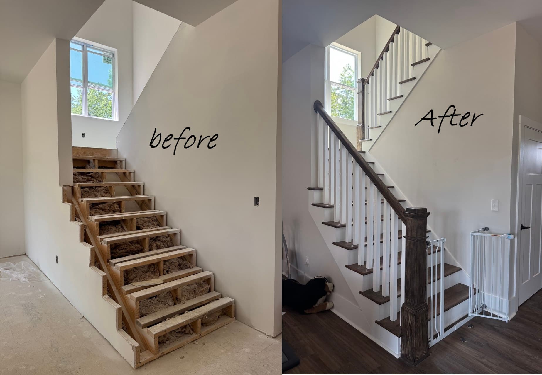 Interior wood staircase with painted spindles and stained treads by Rahimi Custom Construction in Knoxville, TN